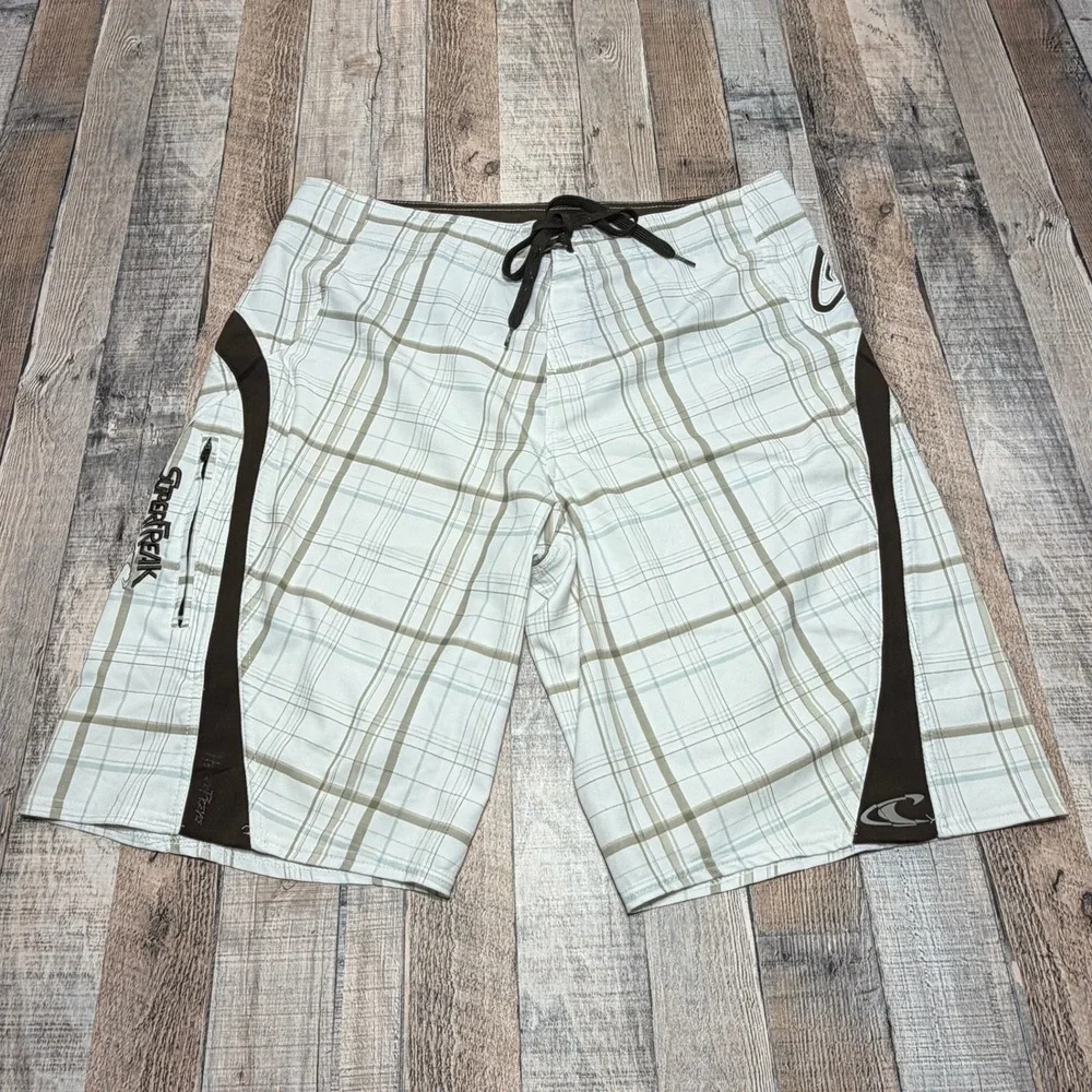 O'Neill Superfreak Board Shorts Mens 36 White Brown Plaid Y2K Surf Swim Trunks